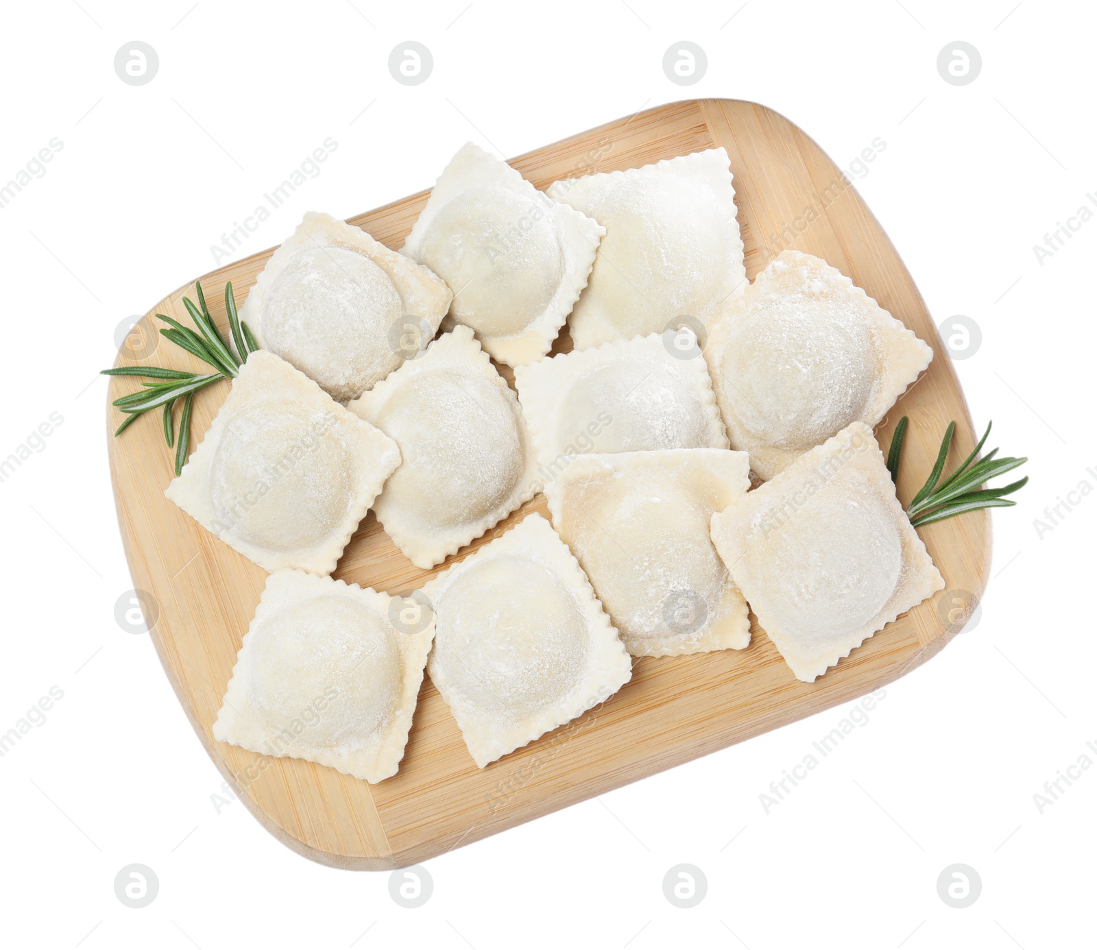 Photo of Uncooked ravioli and rosemary on white background