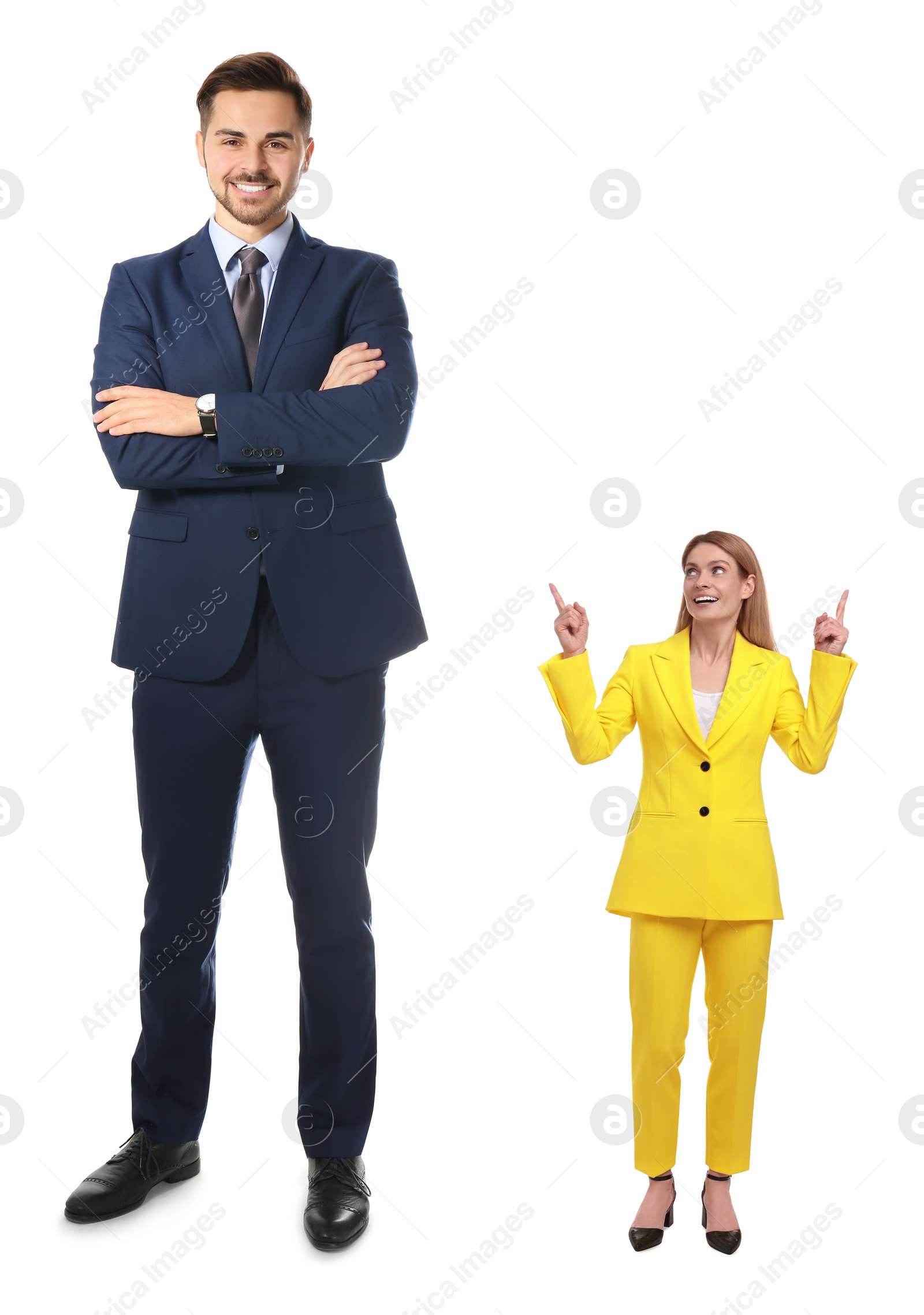 Image of Big man and small woman on white background