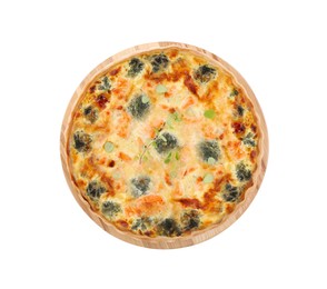 Photo of Delicious homemade quiche with salmon and broccoli isolated on white, top view