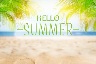Image of Hello Summer. Sandy beach with palms near ocean on sunny day