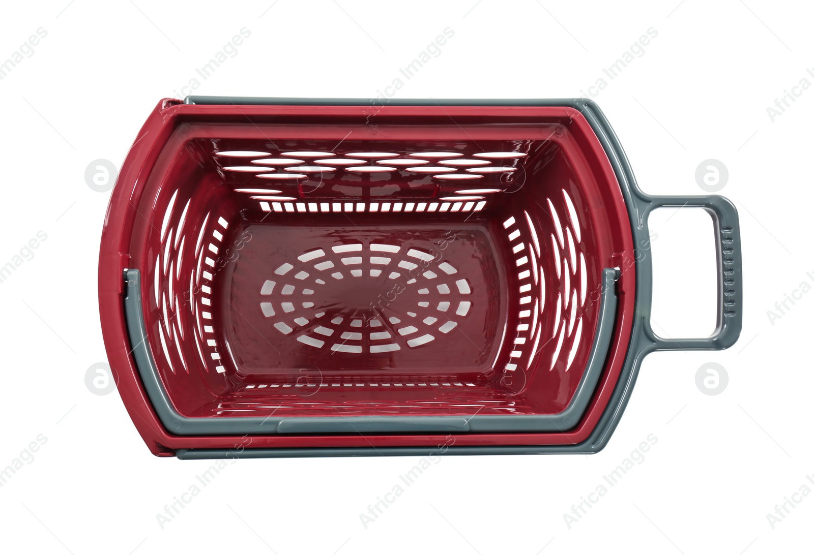 Photo of Red empty shopping basket isolated on white, top view