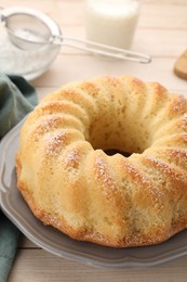 Photo of Delicious freshly baked sponge cake on table, closeup