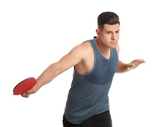 Photo of Handsome man with table tennis racket on white background. Ping pong player