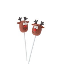 Photo of Delicious Christmas reindeer cake pops isolated on white