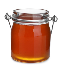 Jar of organic honey isolated on white