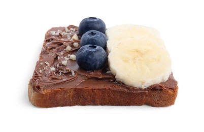 Toast with tasty nut butter, blueberries, banana and nuts isolated on white