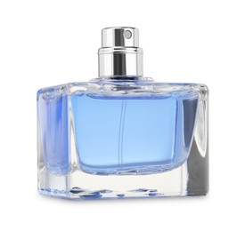 Blue men perfume in glass bottle isolated on white