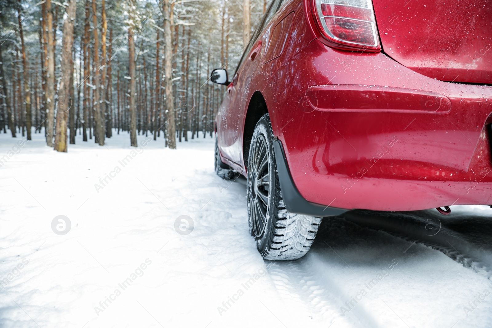 Photo of Modern car on snowy road in winter forest, closeup. Space for text