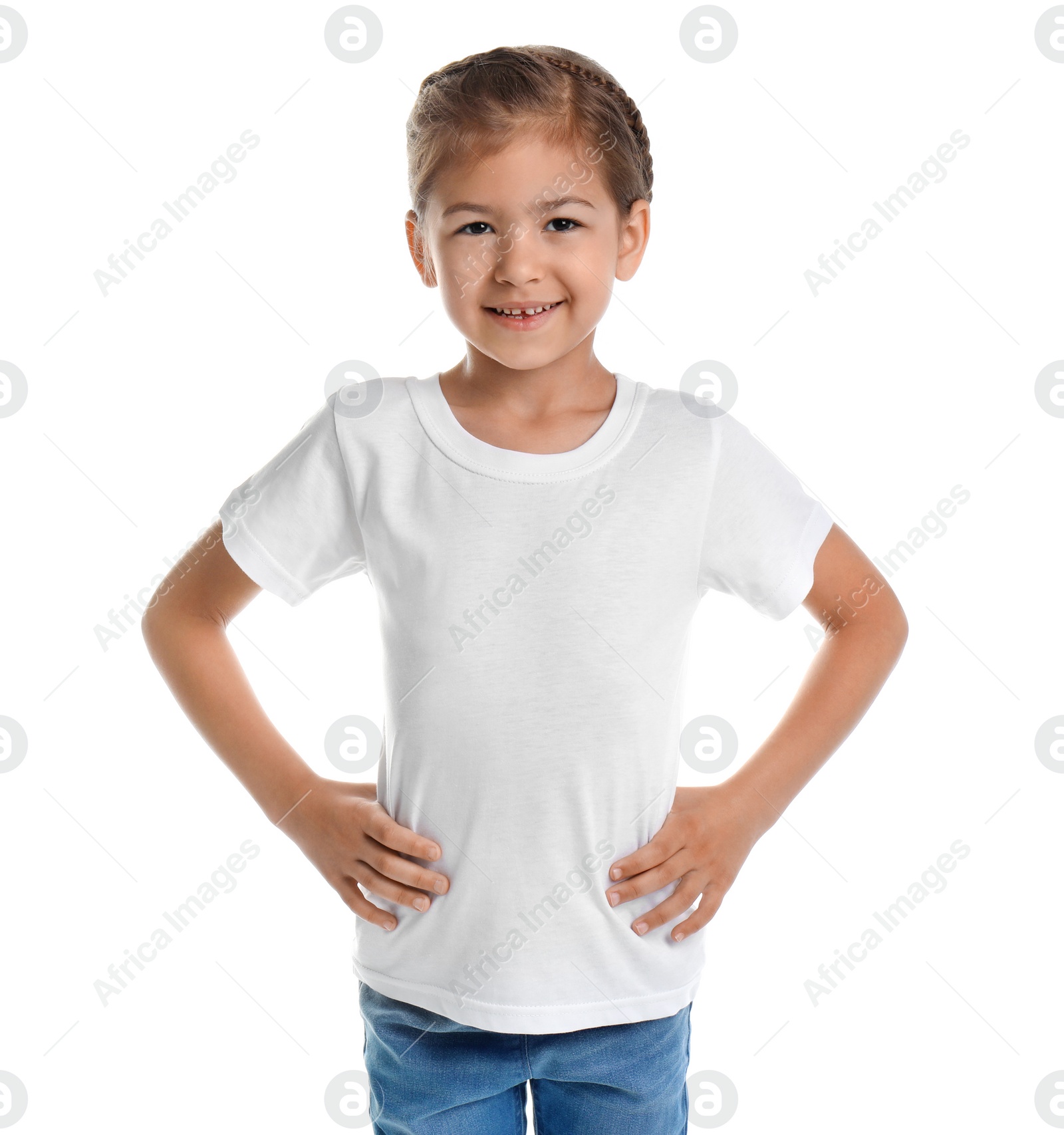 Photo of Little girl in t-shirt on white background. Mockup for design