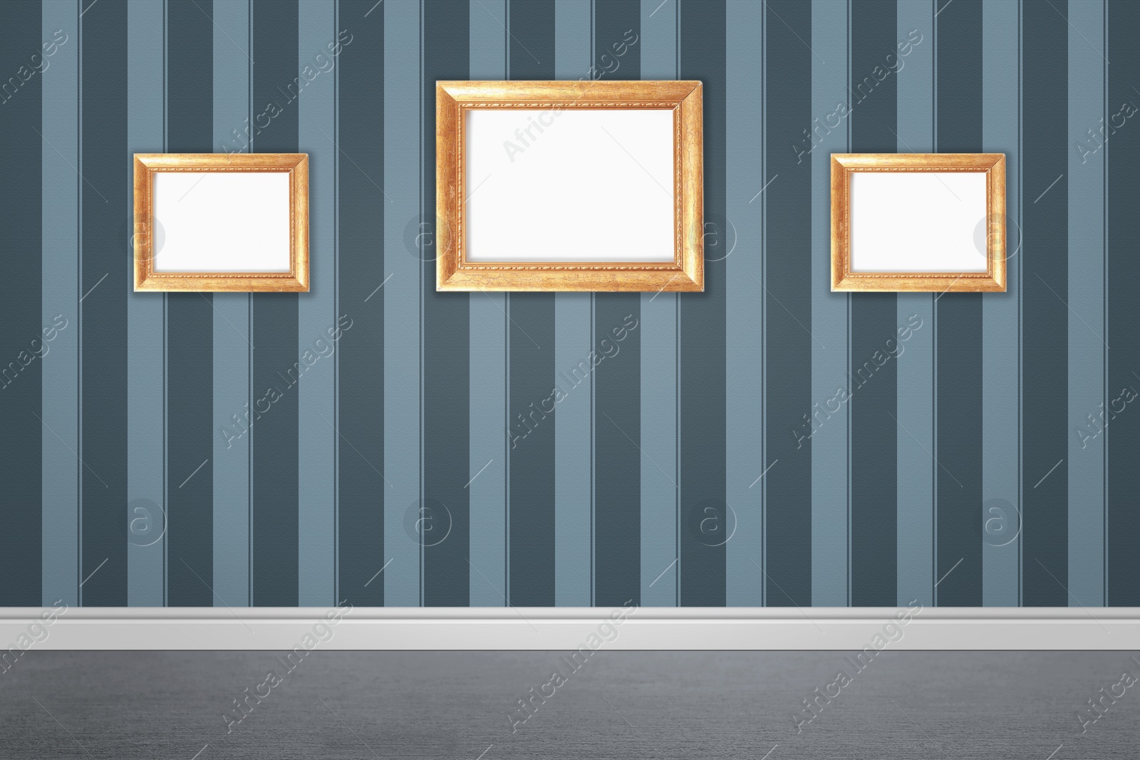 Image of Frames with empty canvases on wall in modern art gallery. Space for design