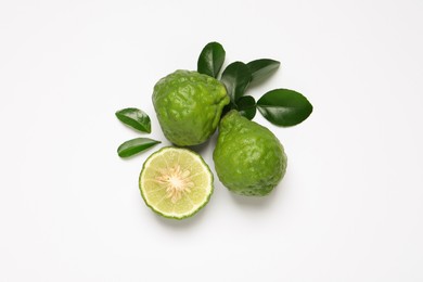 Flat lay composition with ripe bergamot fruits on white background