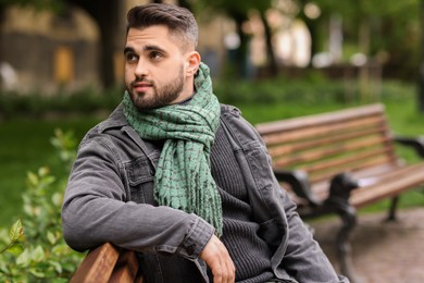 Handsome man in warm scarf on bench outdoors