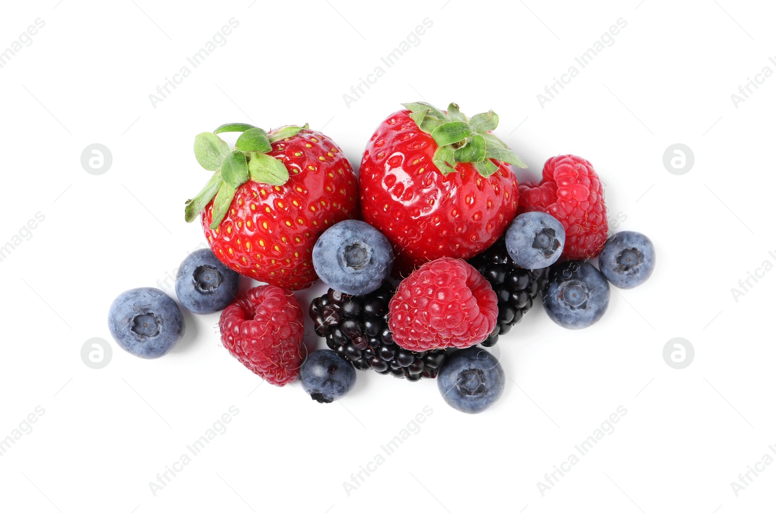 Photo of Many different ripe berries isolated on white, top view