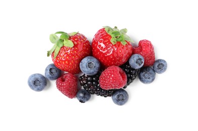 Photo of Many different ripe berries isolated on white, top view