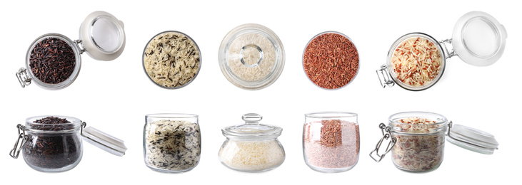 Image of Set with different types of rice in jars on white background. Banner design