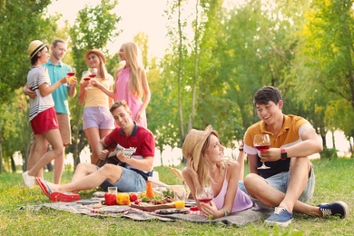 Happy friends having picnic in park on sunny day
