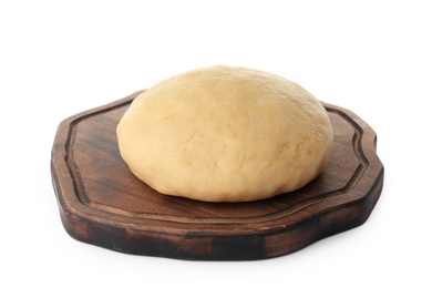 Wooden board with raw dough on white background