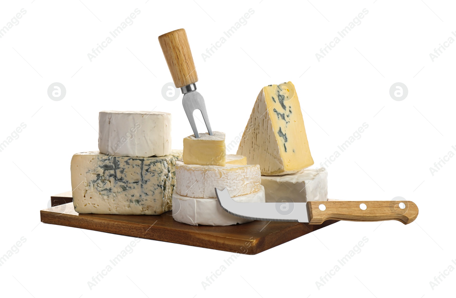 Photo of Different types of cheese, knife and fork on white background