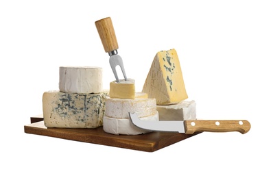 Photo of Different types of cheese, knife and fork on white background