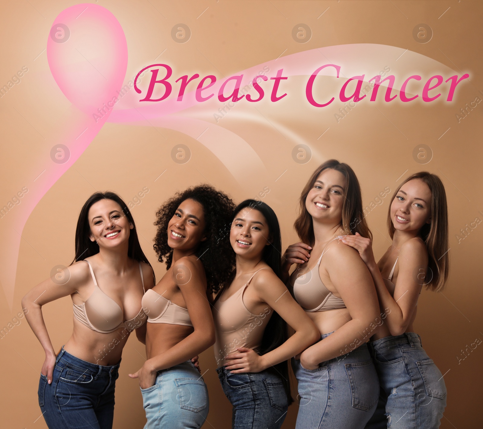 Image of Breast cancer awareness. Group of women on beige background