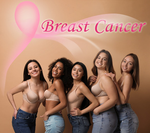 Image of Breast cancer awareness. Group of women on beige background
