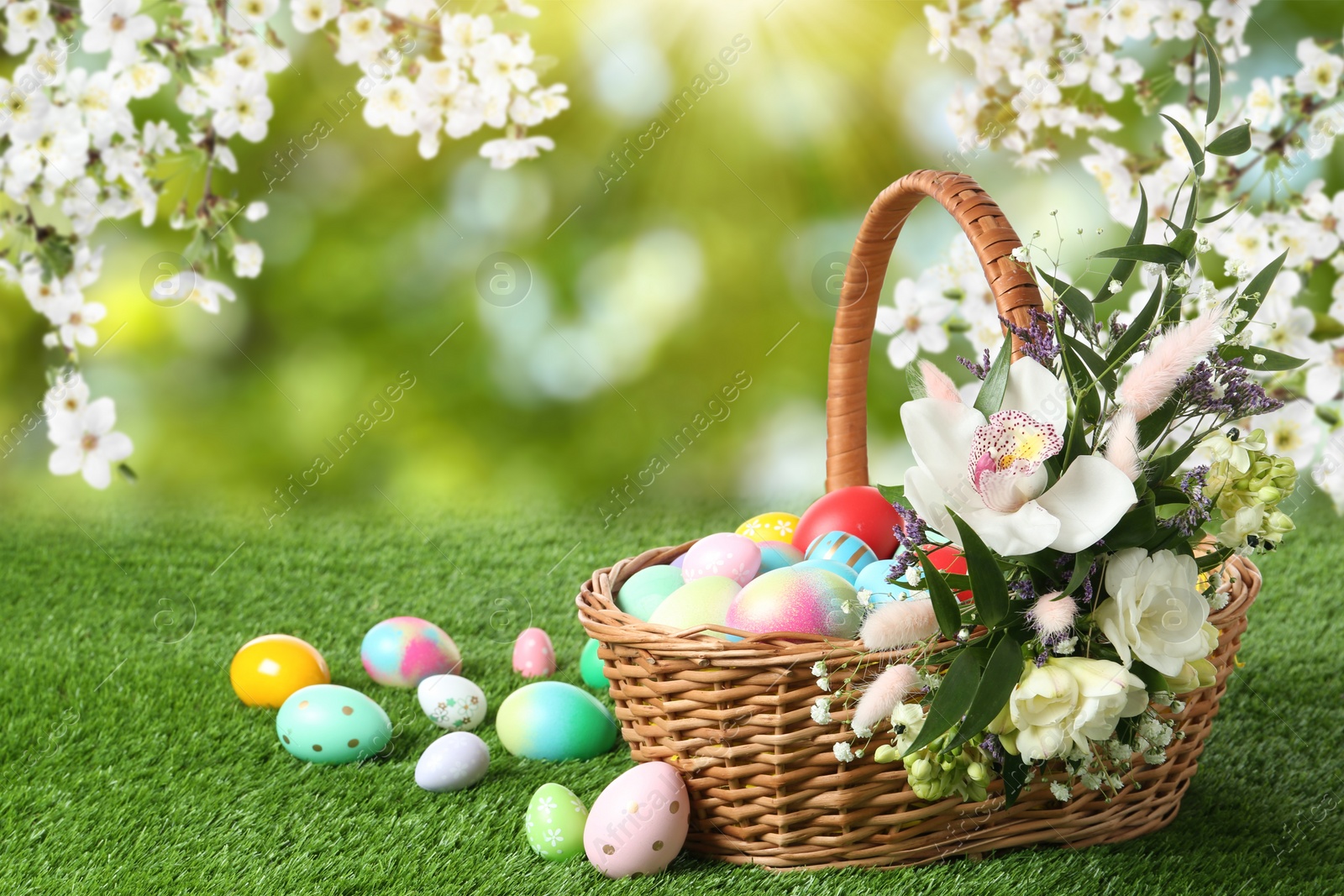 Image of Wicker basket with Easter eggs and beautiful flowers on green grass outdoors, space for text