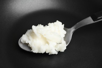 Photo of Frying pan with coconut oil and spoon, closeup