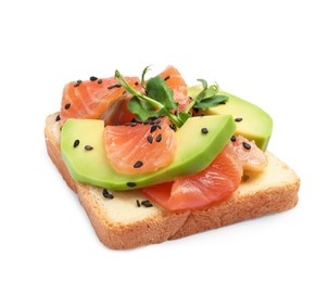 Photo of Tasty toast with butter, avocado, salmon, sesame seeds and microgreens on white background