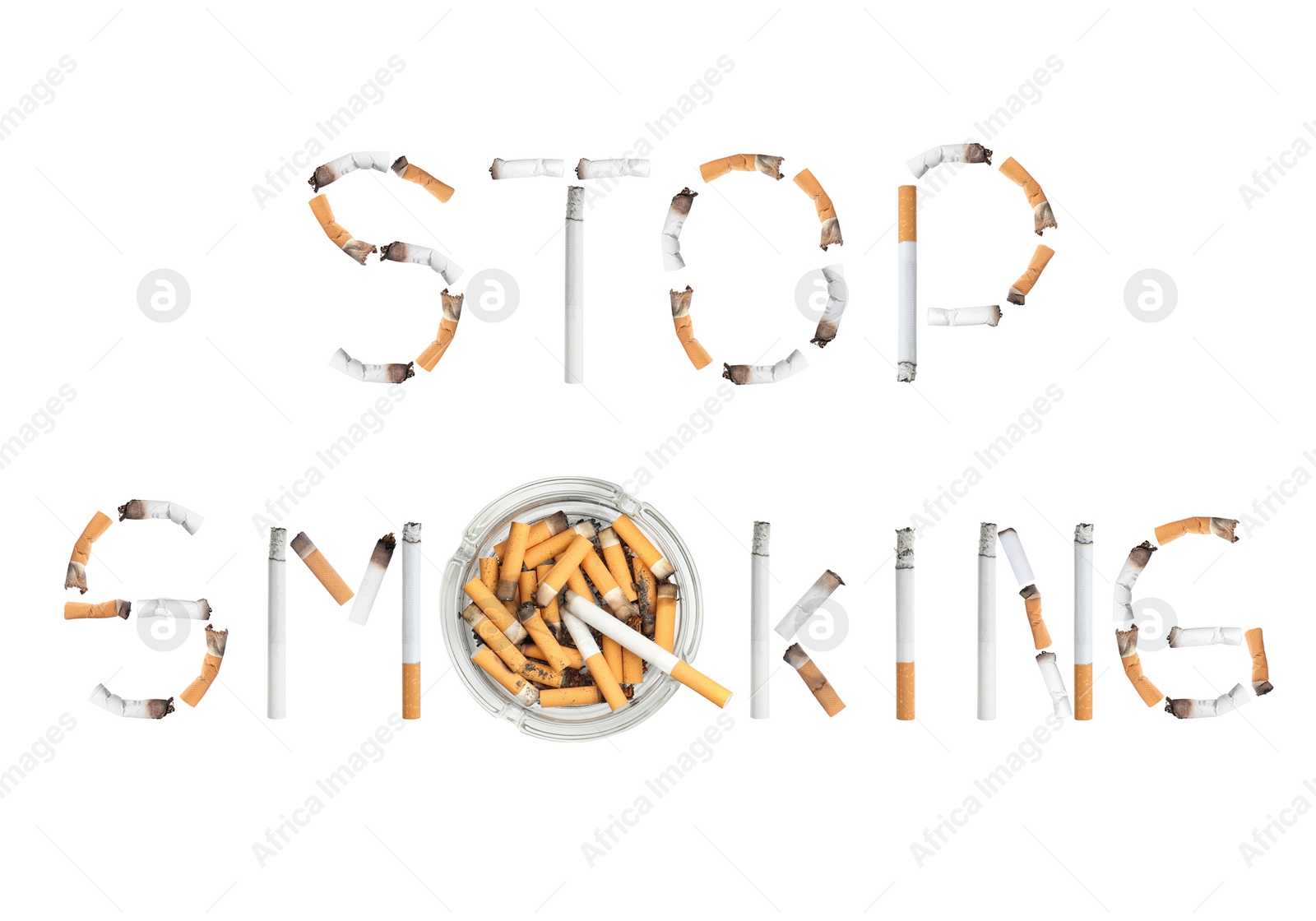 Image of Quitting bad habit concept. Phrase Stop Smoking made of burnt cigarettes and glass ashtray on white background, top view