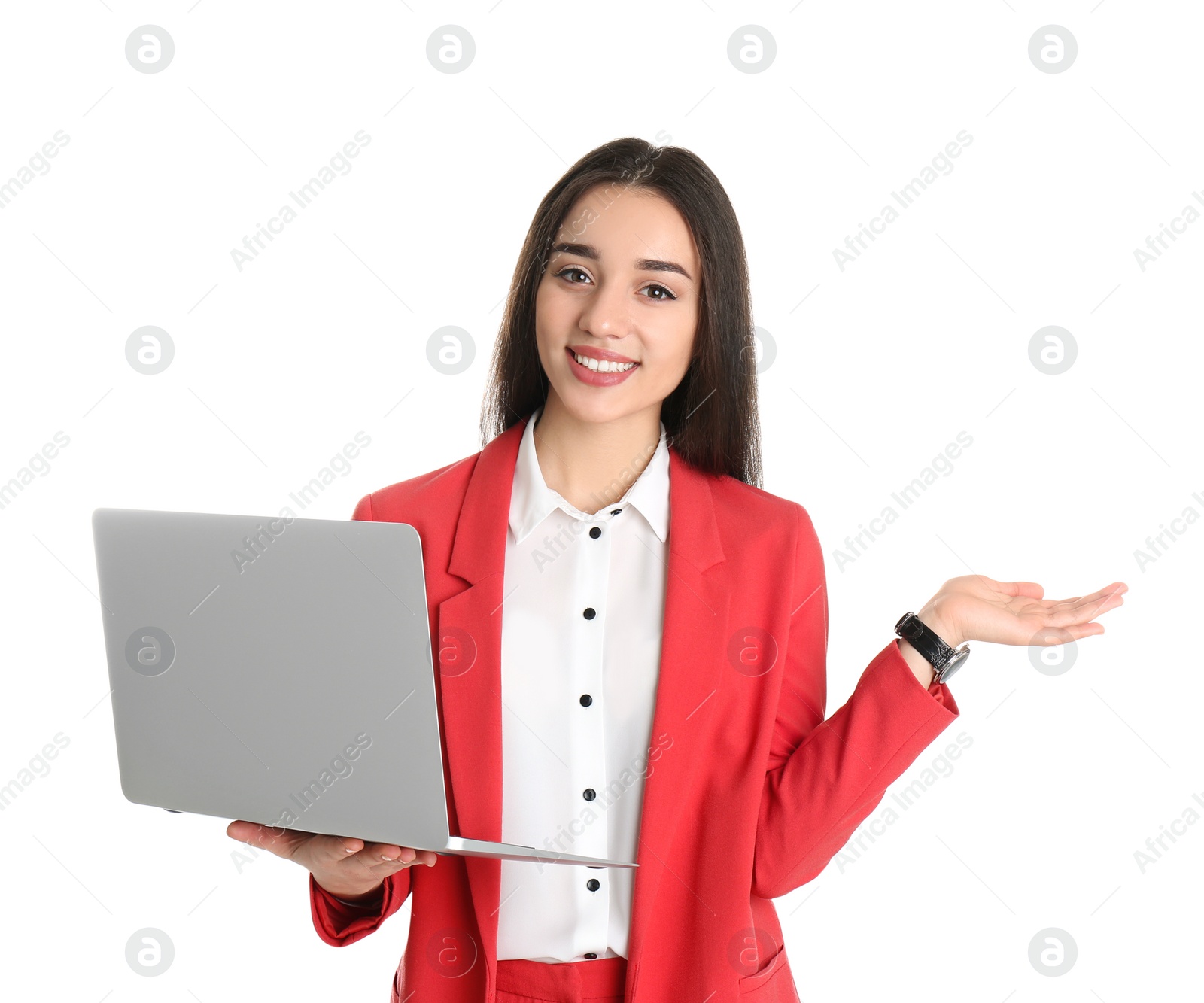 Photo of Portrait of young woman in office wear with laptop on white background