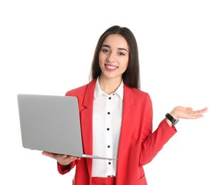 Photo of Portrait of young woman in office wear with laptop on white background