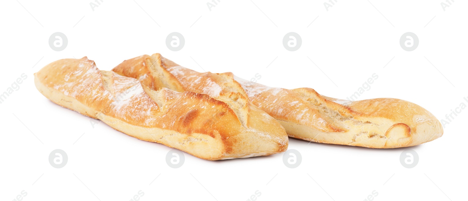 Photo of Tasty baguettes on white background. Fresh bread