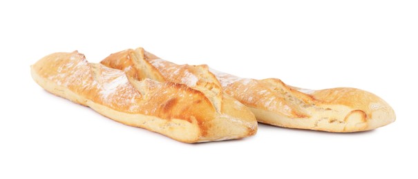 Photo of Tasty baguettes on white background. Fresh bread