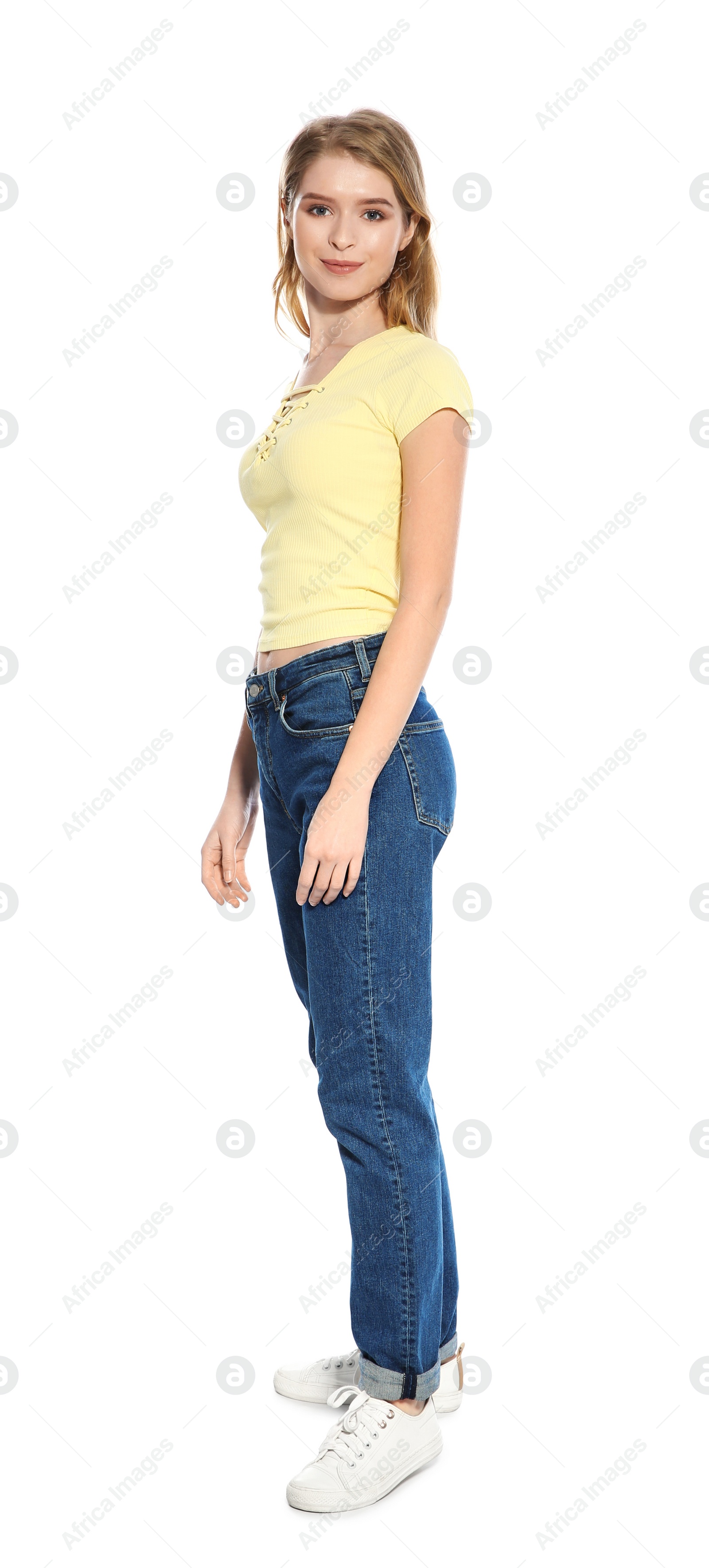 Photo of Portrait of beautiful young woman on white background