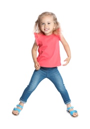 Full length portrait of cute little girl on white background