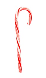 Photo of Tasty candy cane on white background. Festive treat