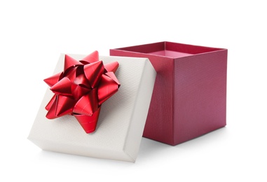 Photo of Beautiful gift box with bow on white background