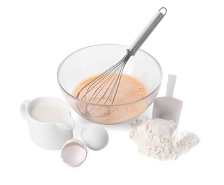 Photo of Making dough. Beaten eggs, metal whisk in bowl, flour and milk isolated on white