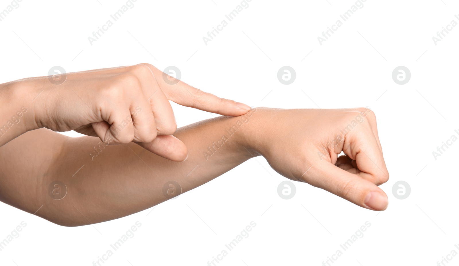 Photo of Woman showing word time on white background, closeup. Sign language