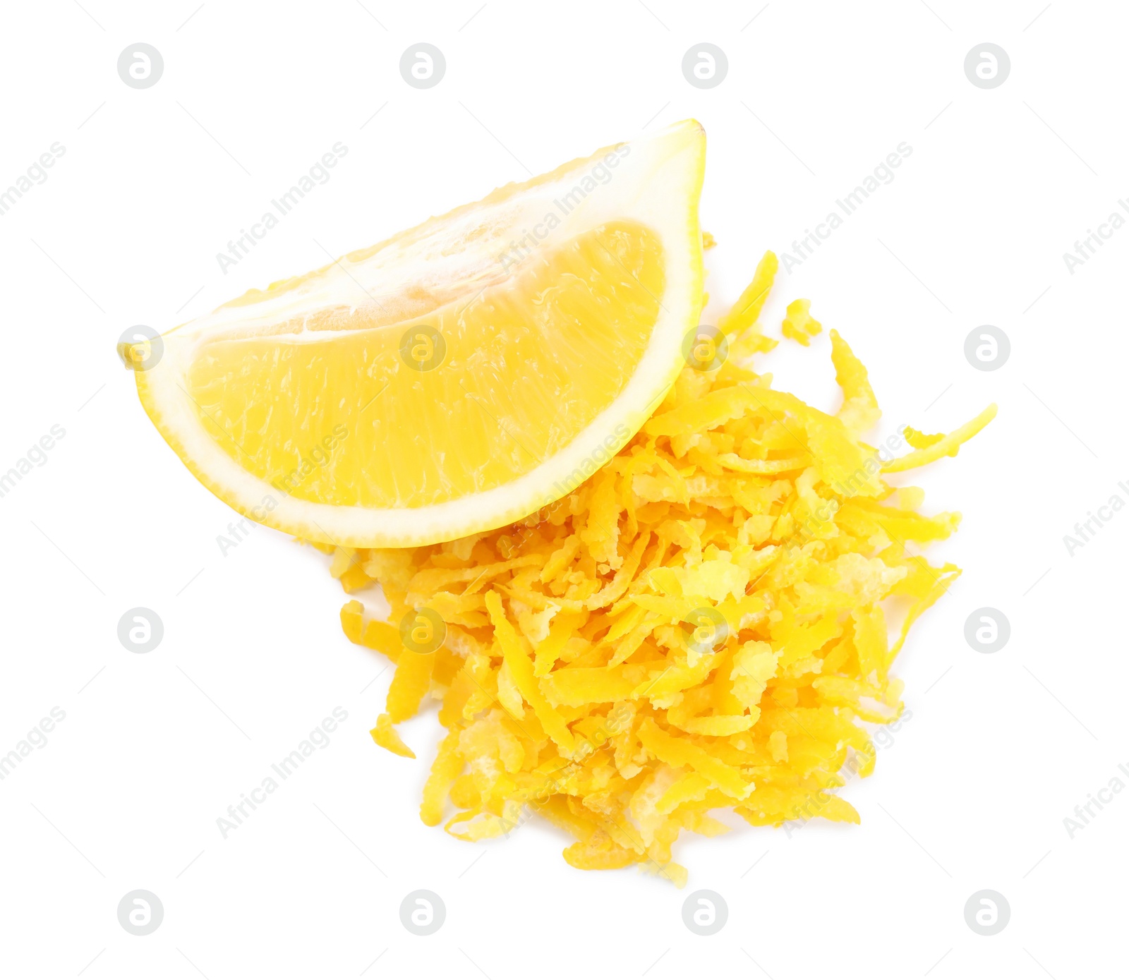 Photo of Grated lemon zest and fresh fruit on white background