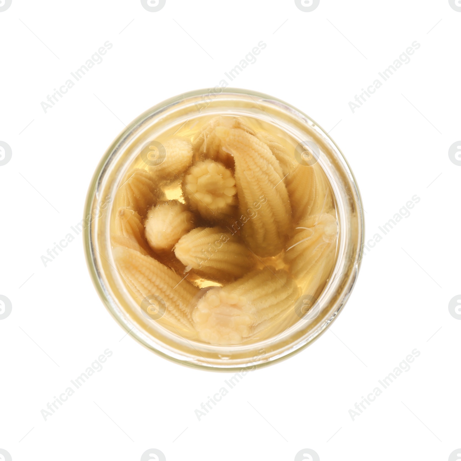 Photo of Jar of pickled baby corn isolated on white, top view