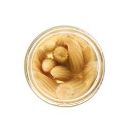 Photo of Jar of pickled baby corn isolated on white, top view