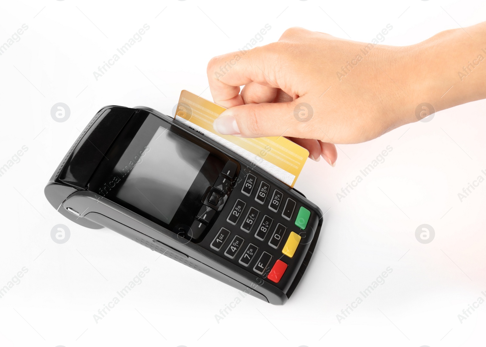 Photo of Woman using modern payment terminal on white background, closeup