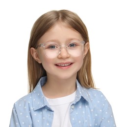 Photo of Little girl with glasses on white background