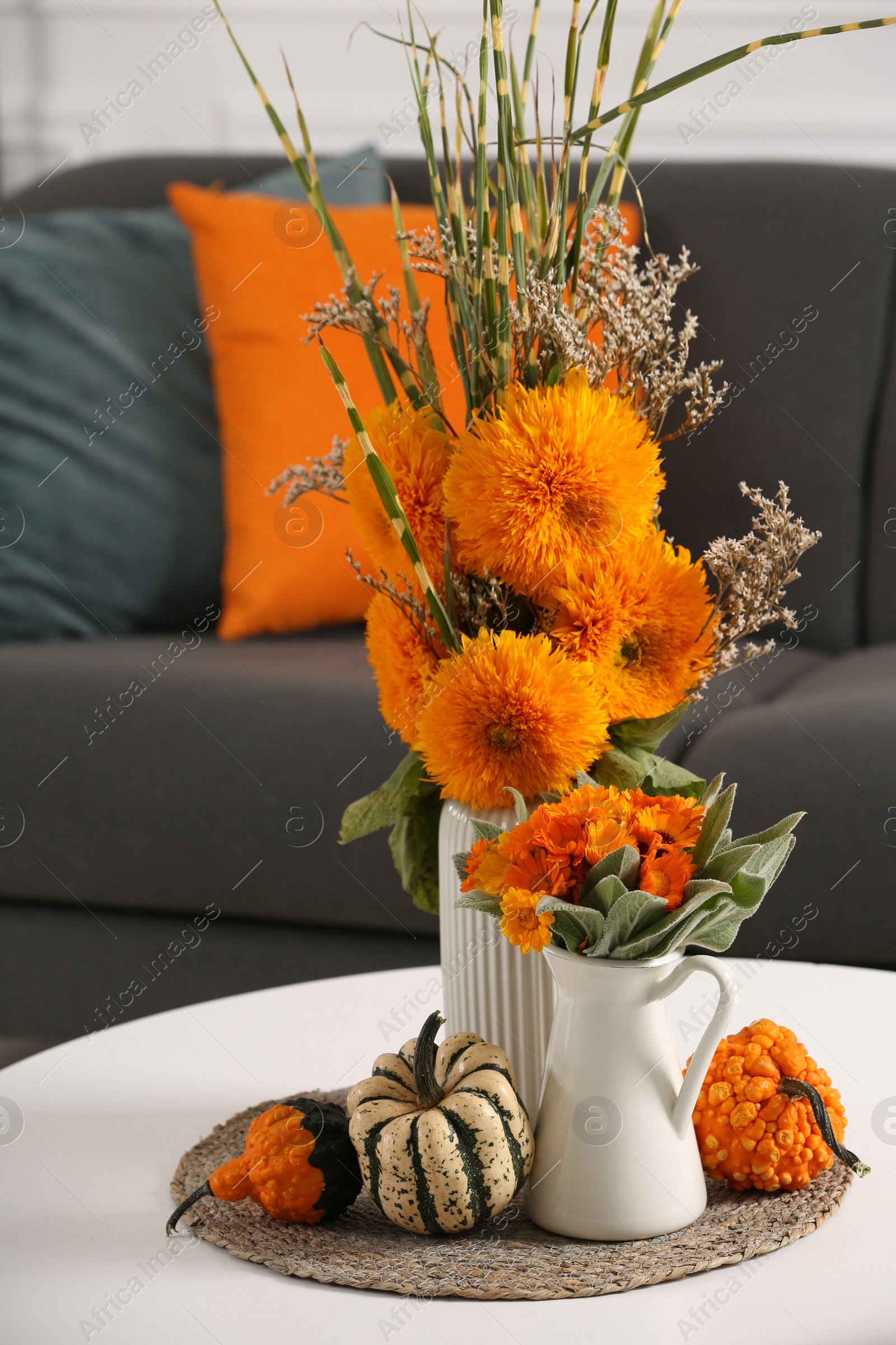 Photo of Beautiful bouquets with bright orange flowers and pumpkins on coffee table indoors. Autumn vibes