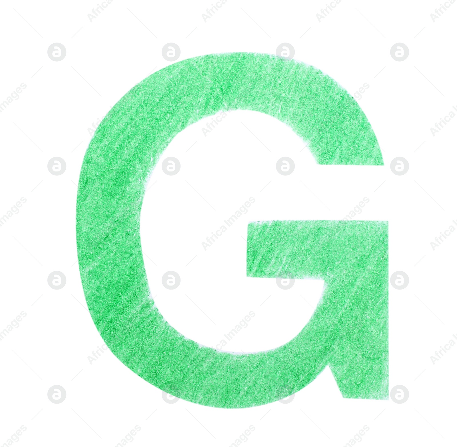 Photo of Letter G written with green pencil on white background, top view