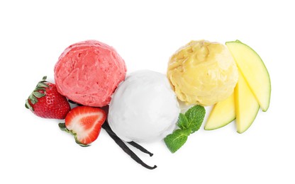 Scoops of different ice creams, fresh fruits and vanilla on white background, top view