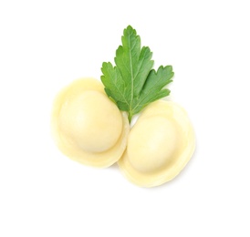 Boiled dumplings with parsley on white background, top view