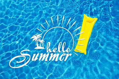 Image of Hello Summer. Swimming pool with inflatable mattress, top view