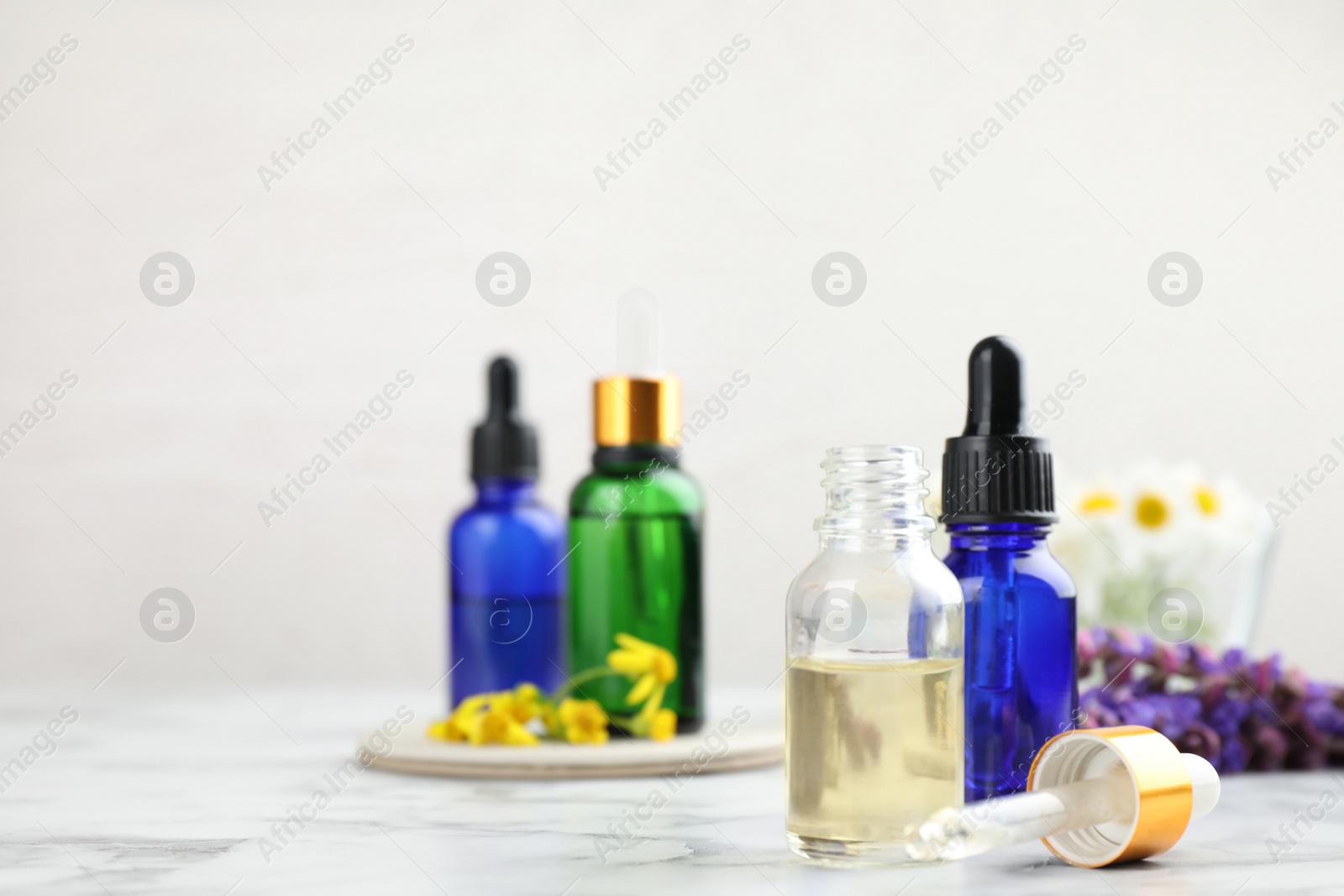 Photo of Bottles of different essential oils and wildflowers on marble table, space for text